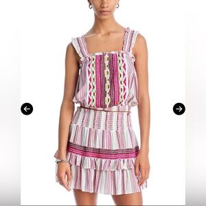 NWT Ramy Brook Susannah Ruffle Strap Top Swim Cover-Up - White Multi Stripe Med